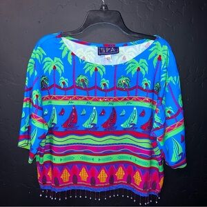SPA by Chicos women L Cropped Top
Colorful Art to Wear sequin palm trees fringe